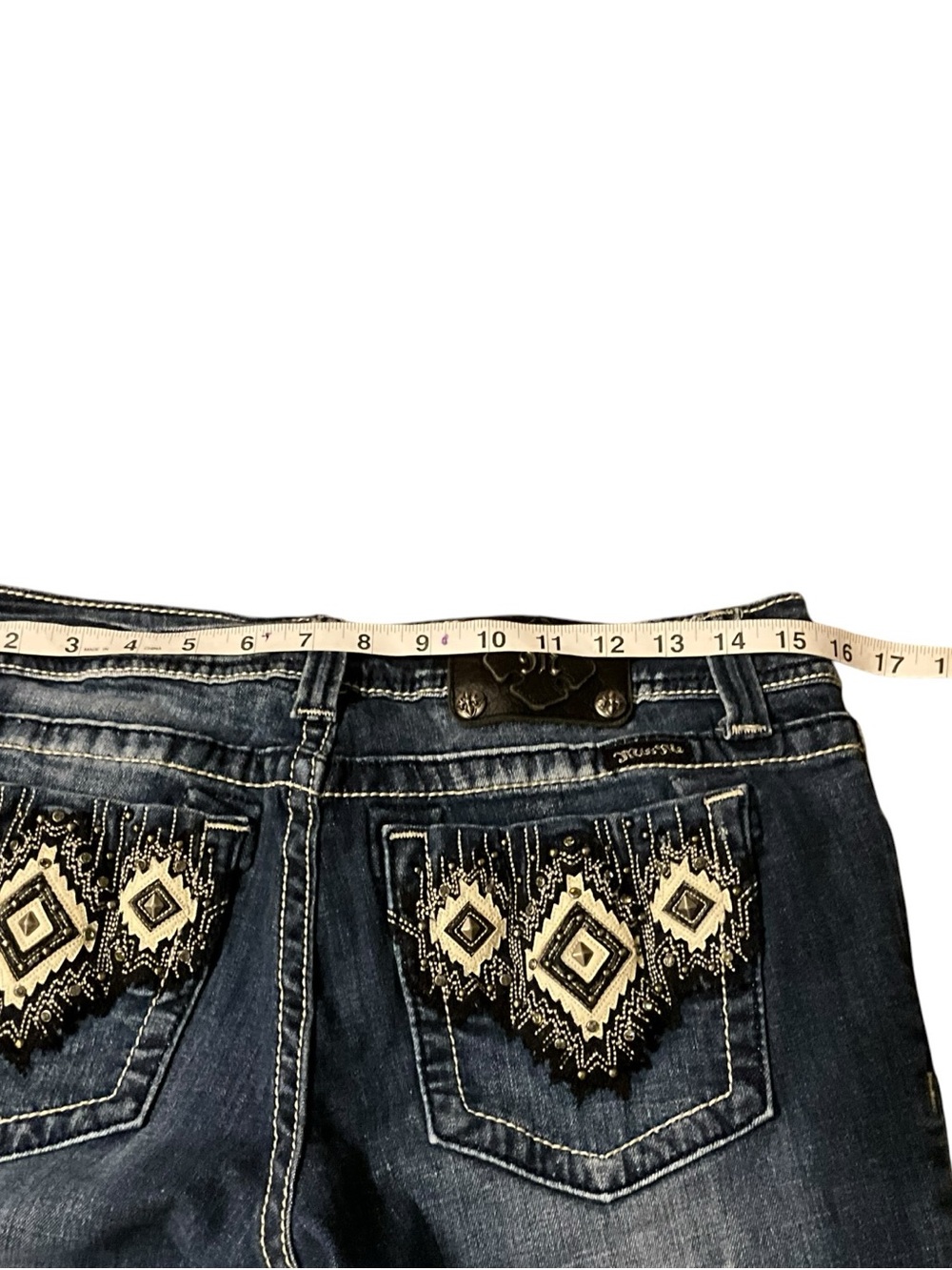 Miss Me Womens Bootcut Jeans 31 Dark Wash Stretch Denim Aztec Embroidered EUC - Picture 9 of 13